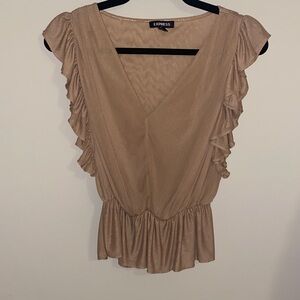 Express Beige Ruffle Sleeve Peplum V-Neck Blouse